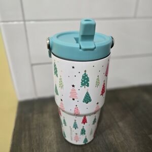 To-Go-Tumbler By ModernBurlap Cute Colorful Christmas Trees And Handle, Not Used